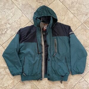 Vintage Obermeyer Mens Ski Jacket Medium Green Black Hooded Colorblock Insulated